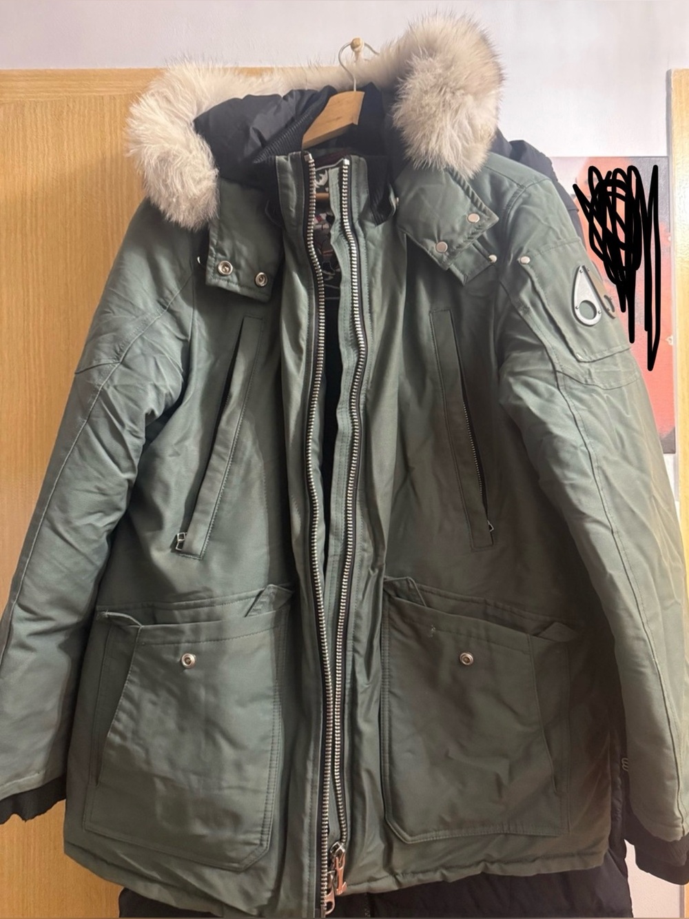 Moose Knuckles Men's Olive Green Puffer Parka with Fur-Trim Hood